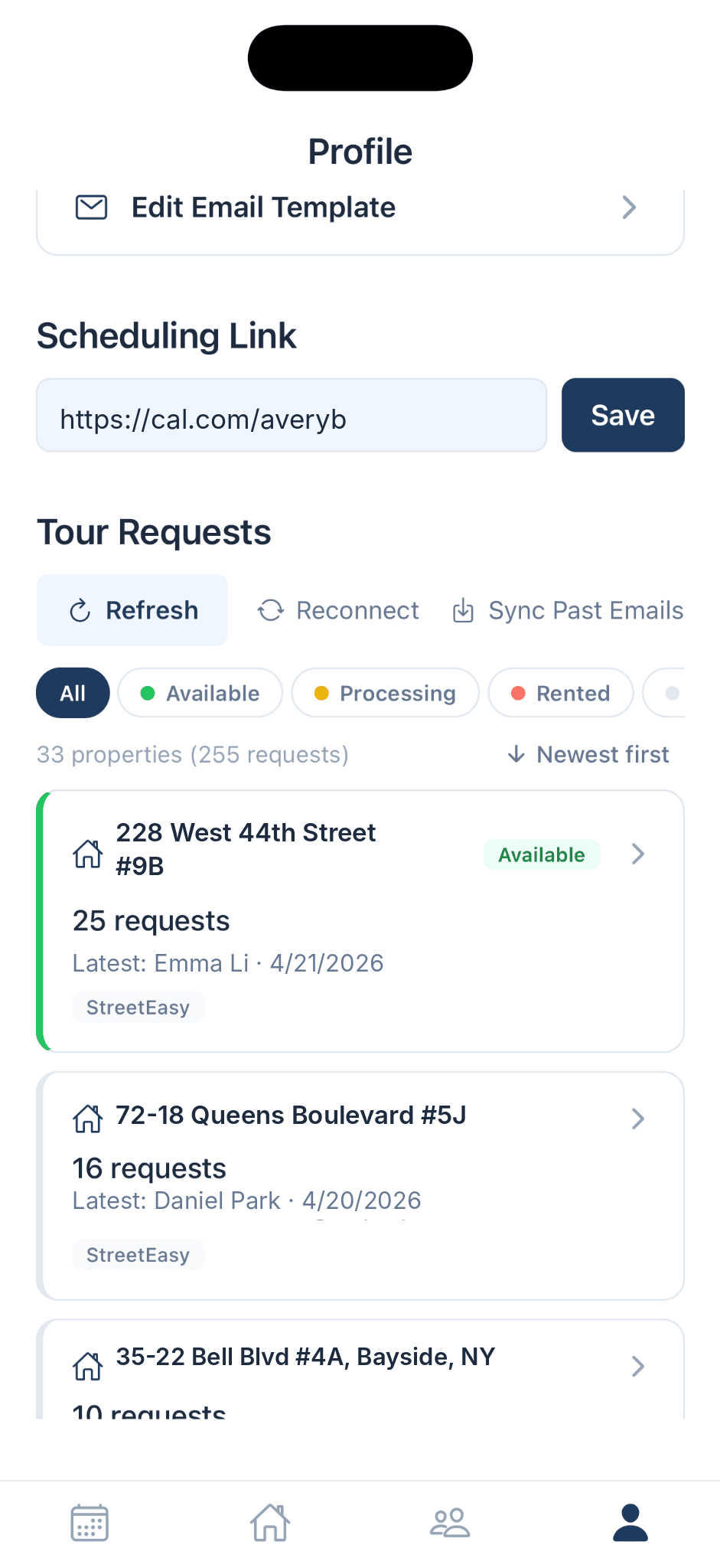 OpenQ profile with scheduling link and tour requests